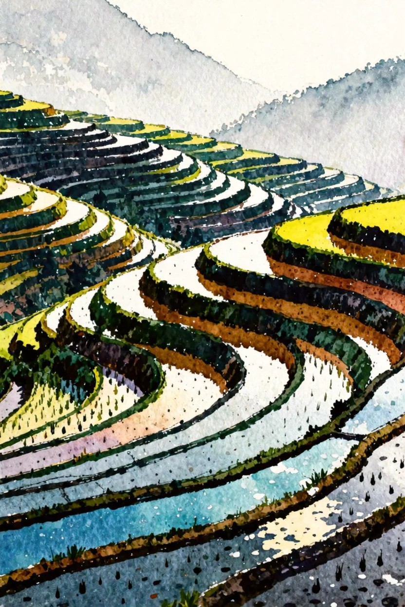 Watercolor of winding, colorful terraced rice fields on mountainside slopes.