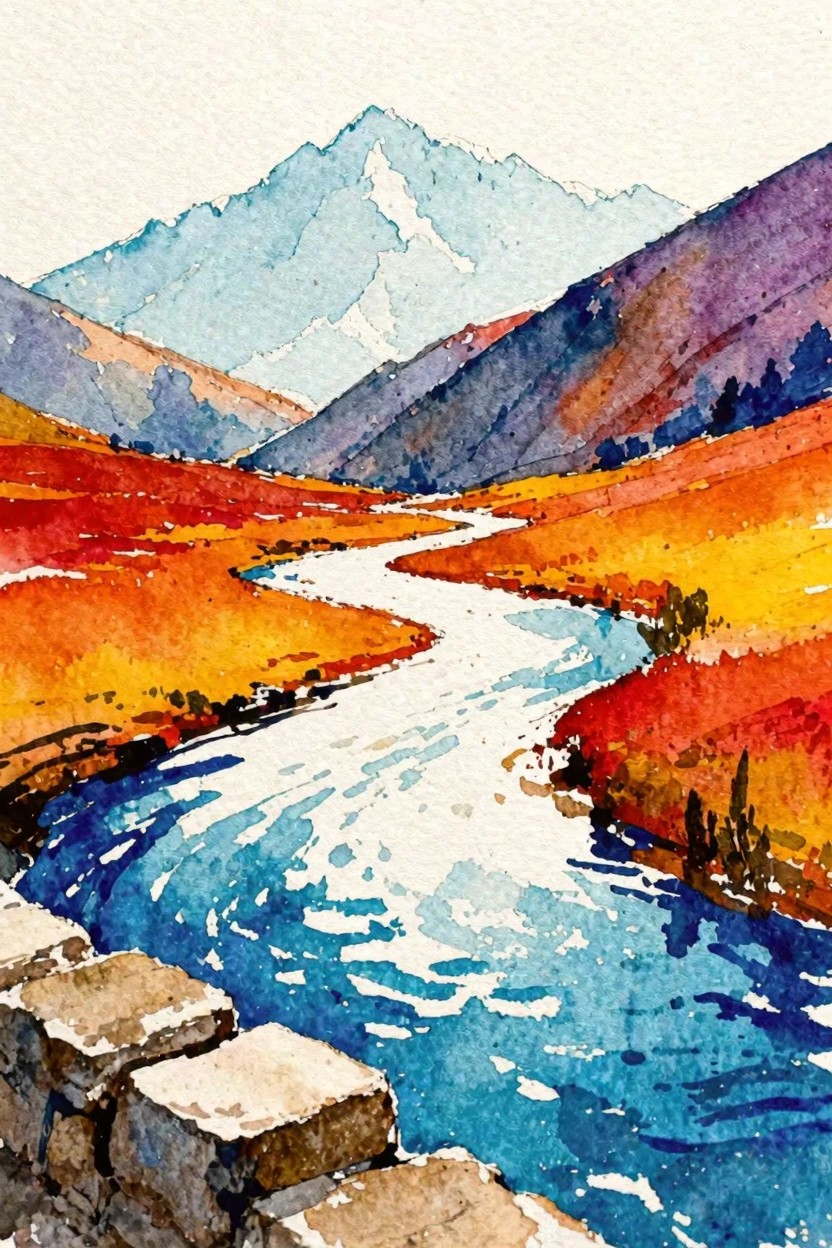 Watercolor of winding blue river through vibrant red-orange hills with purple mountains