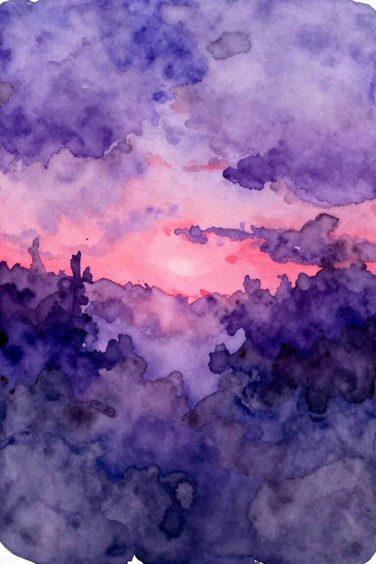 Watercolor painting with a bright pink-orange horizontal glow behind irregular dark purple shapes at the bottom.