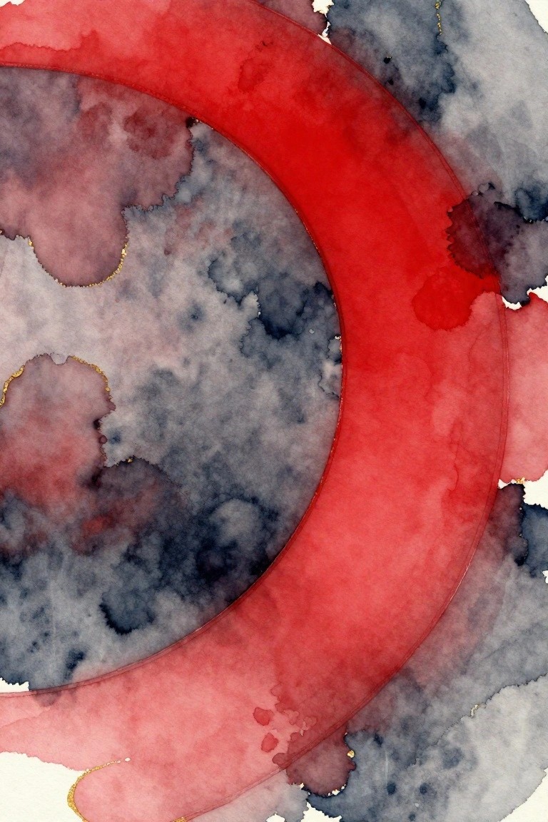 Abstract watercolor with bold red ring over blue-purple washes and gold accents.