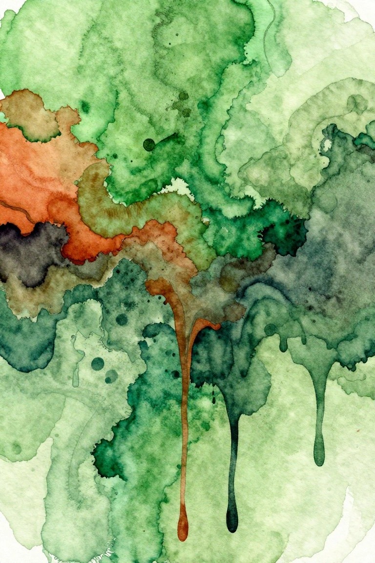 Abstract watercolor with flowing green, orange, and brown shapes and drips.