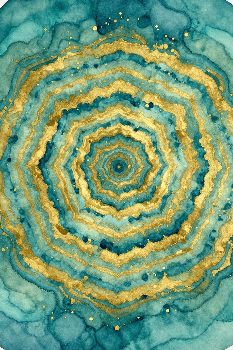 Concentric swirling layers of blue and teal watercolor with gold accents.