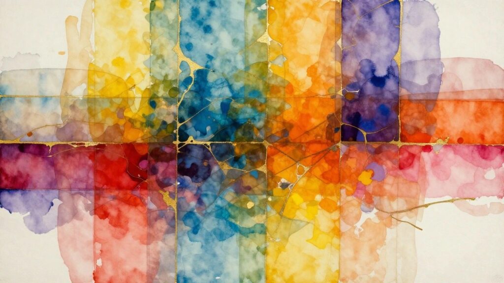 Abstract watercolor mosaic of overlapping rectangles with gold connecting lines