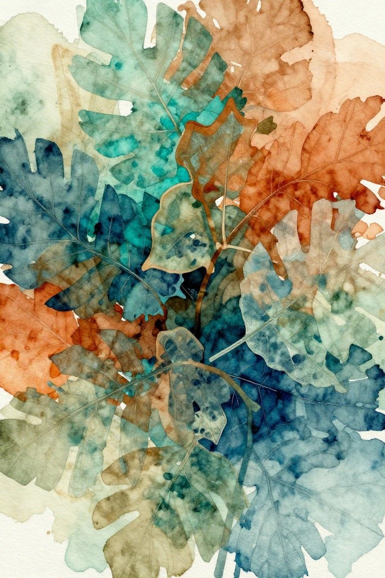 Watercolor painting of overlapping leaves in blue, teal, green, and orange tones