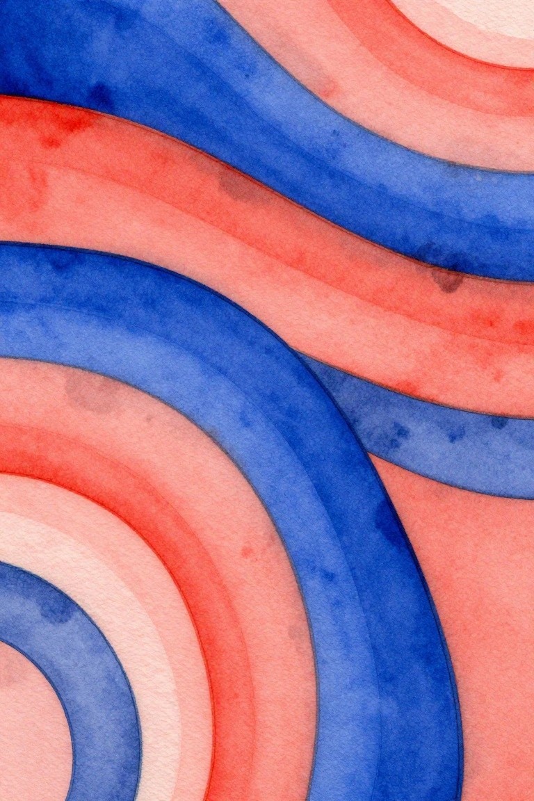 Abstract watercolor with overlapping wavy bands of blue and coral red