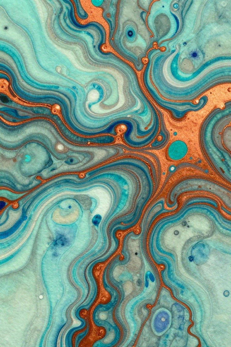 Swirling abstract fluid art in turquoise, blue, and metallic copper with bubbles