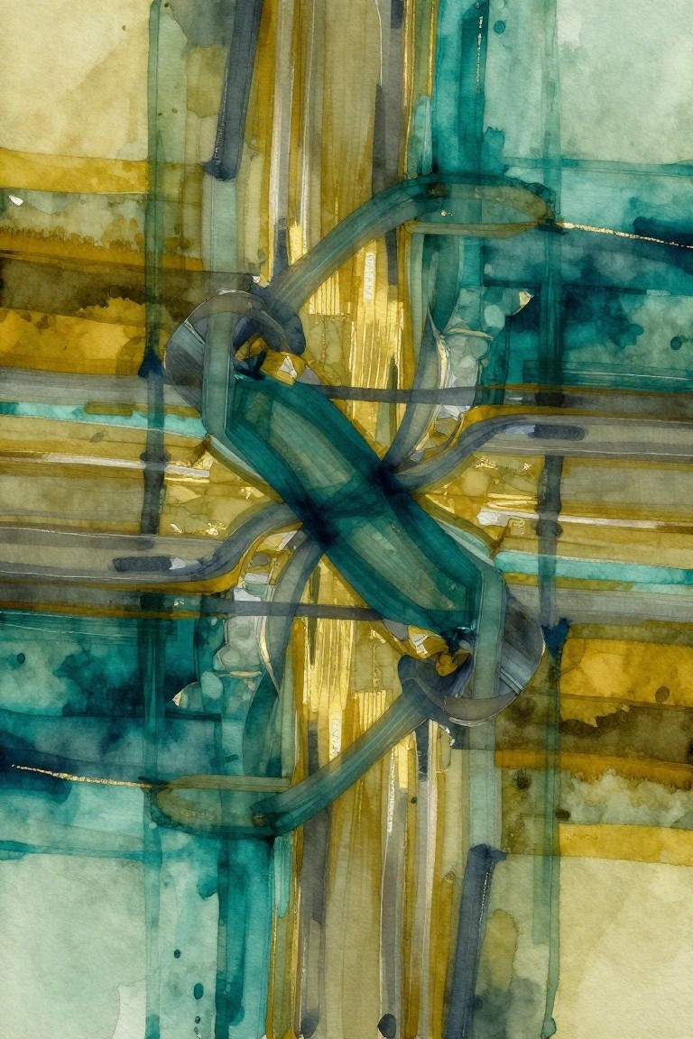 Abstract watercolor with intertwined teal ribbons over yellow and green washes