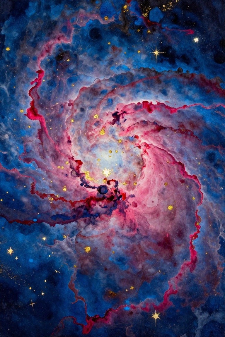 Swirling blue and pink cosmic nebula spiral with scattered golden stars