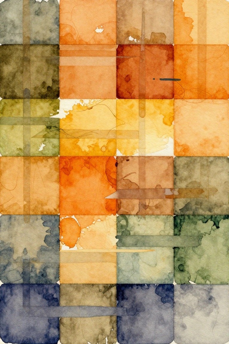 Abstract watercolor grid of overlapping squares in orange, green, and blue tones with lines