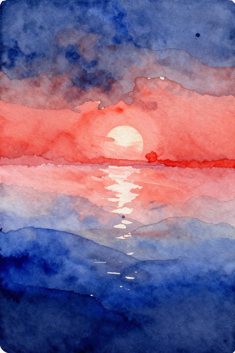 Watercolor sunset with red-orange sky, glowing sun, water reflection, and dark blue hills.