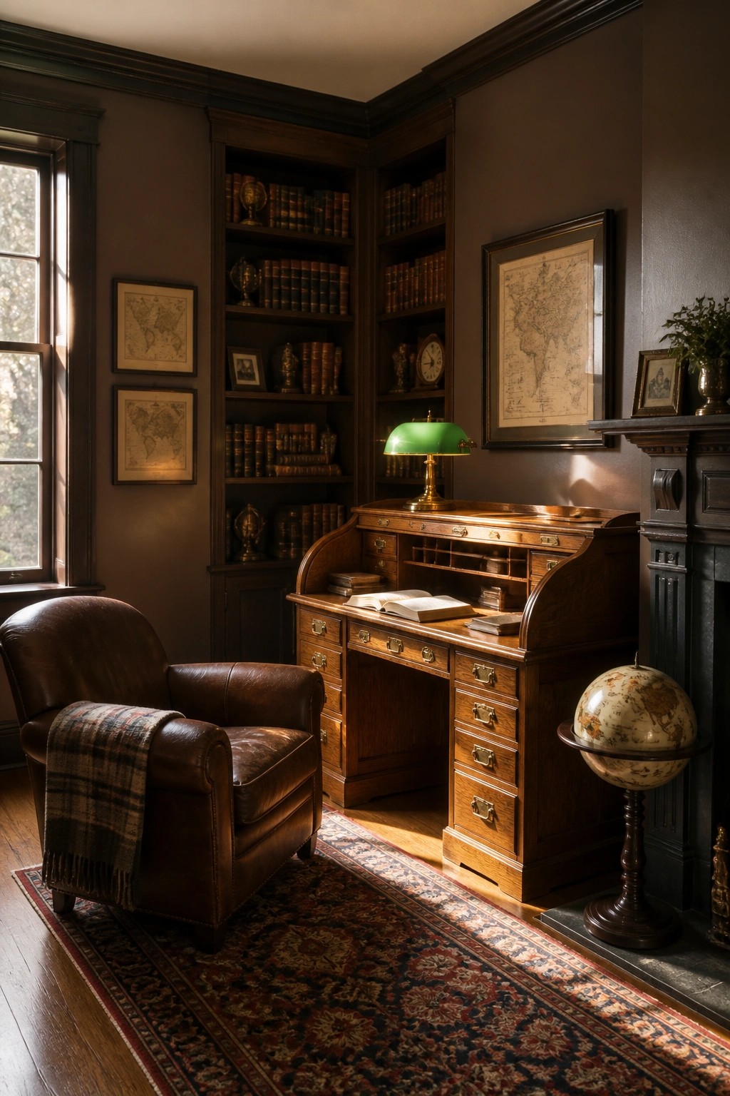 A home library with deep taupe walls and dark wood bookshelves.
