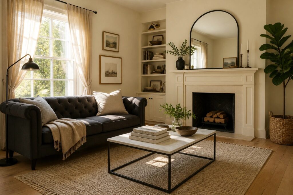 21 Elegant Neutral Wall Paint Colors for a Polished Whole-Room Look Warm beige walls in a living room with white trim and a marble coffee table.