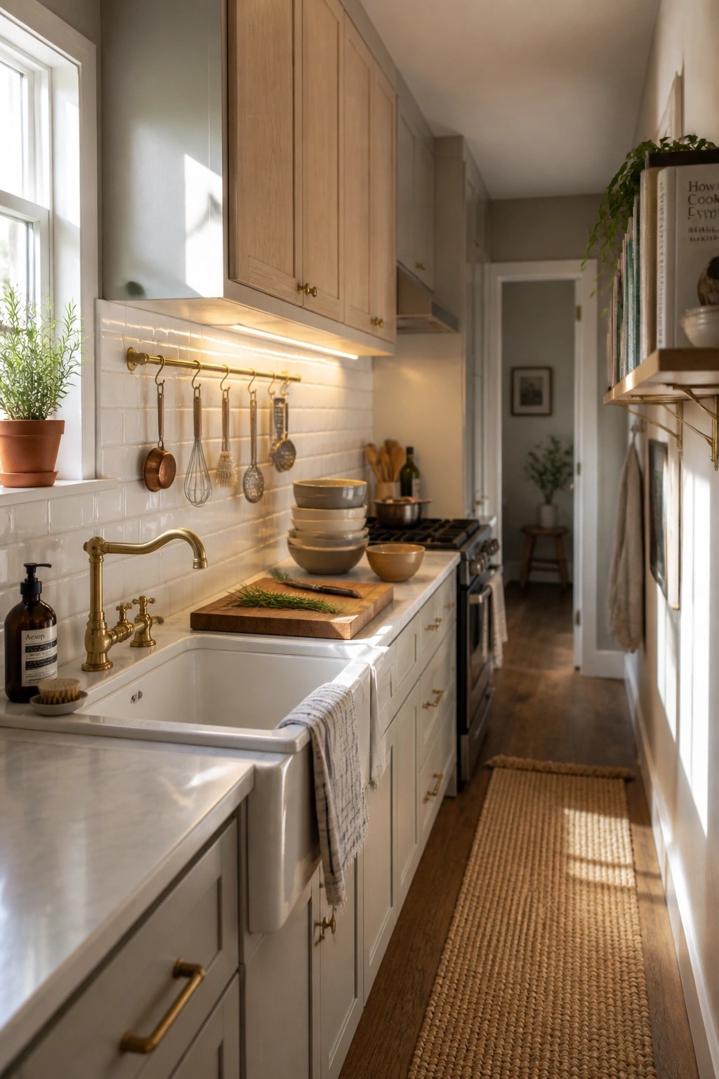 A kitchen with soft greige walls and white cabinetry.