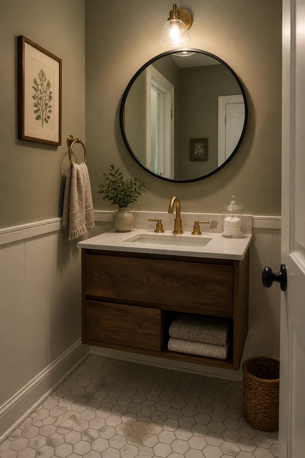 A bathroom with muted sage green walls and a floating wood vanity.