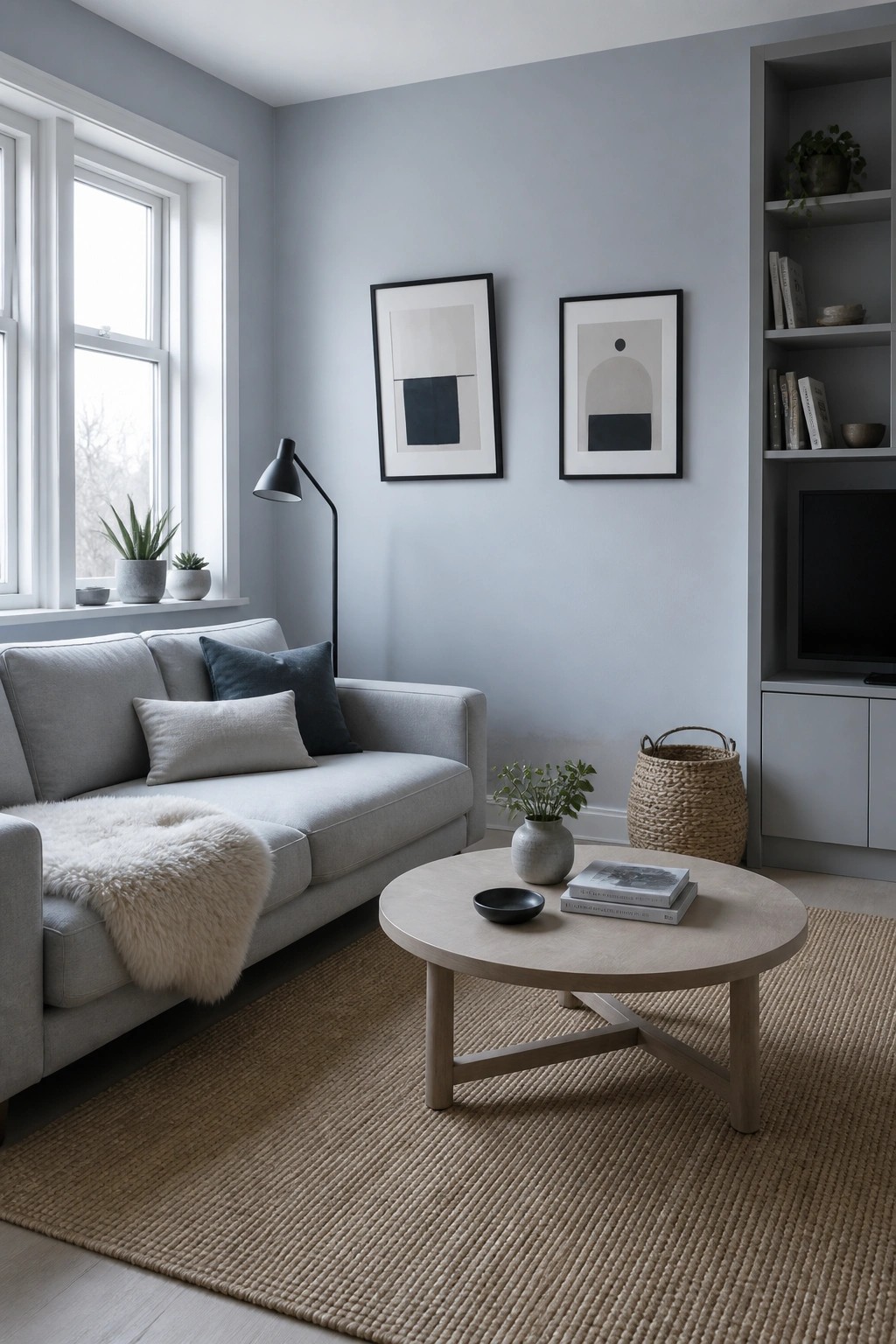 A living room with pale blue gray walls and neutral furniture.