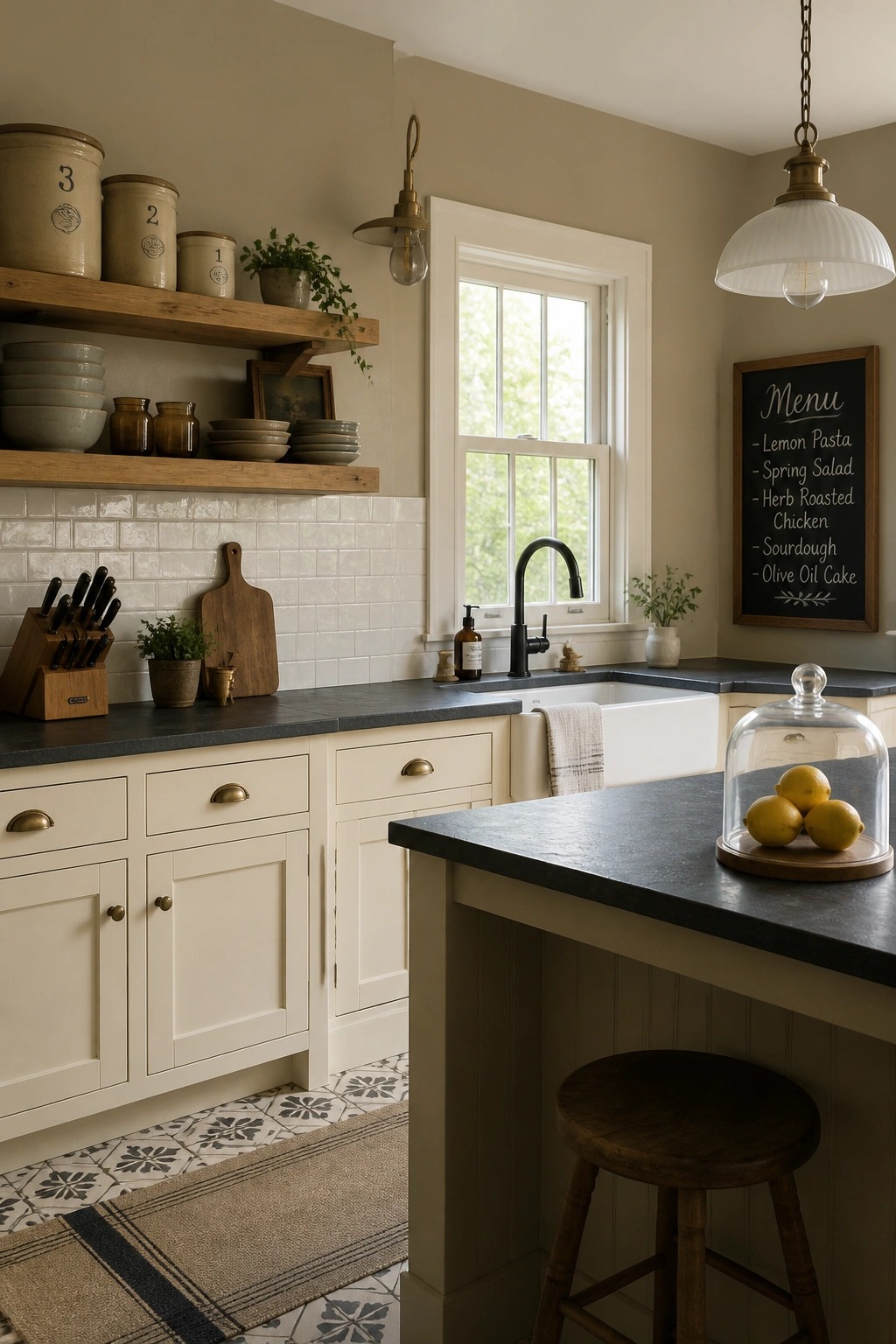Warm beige walls in a kitchen with cream cabinets and open wood shelves.