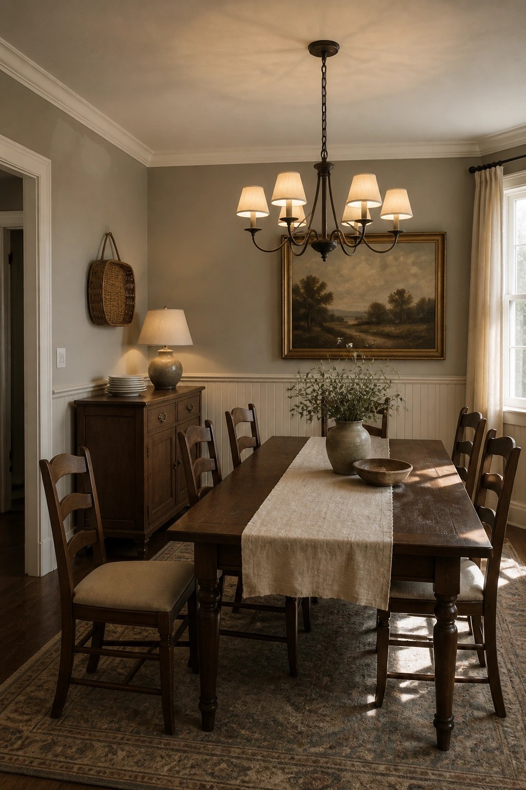 Dining room with soft gray walls above white wainscoting and a dark wood table.