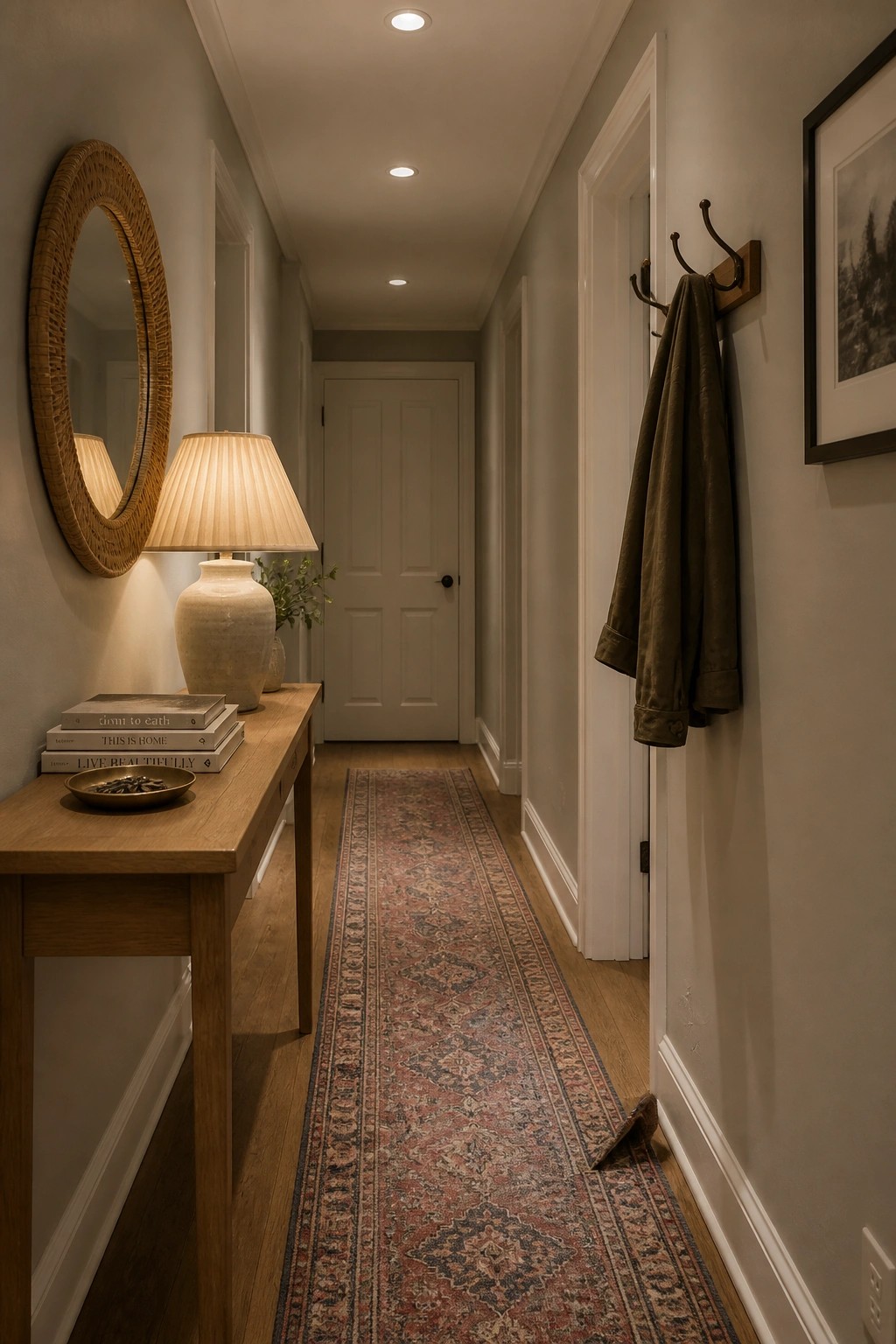 Light greige walls run along a narrow interior hallway with white trim and wood floors.