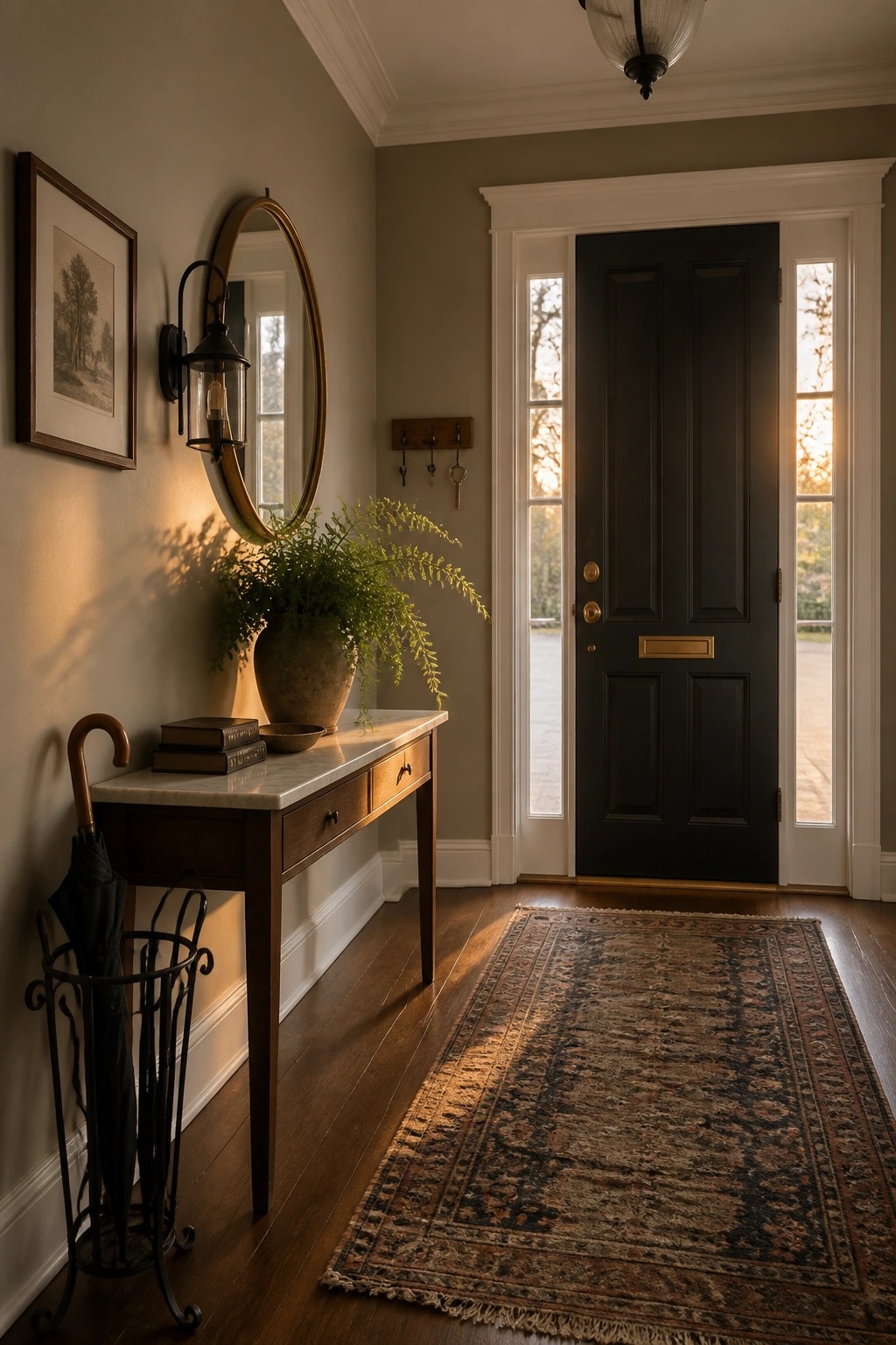 Entryway with soft greige walls next to a black door.