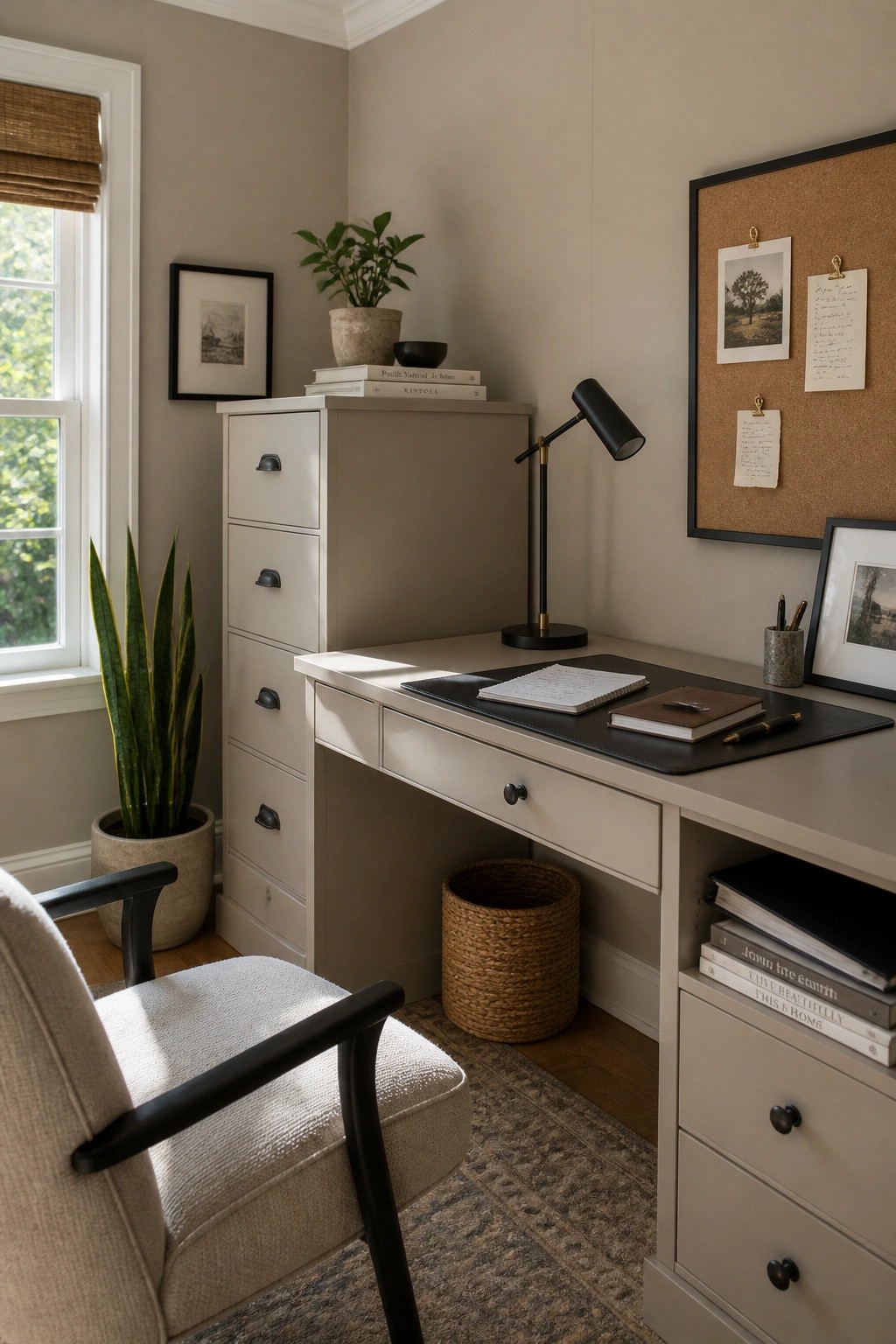 A home office with soft greige walls and a built-in desk.
