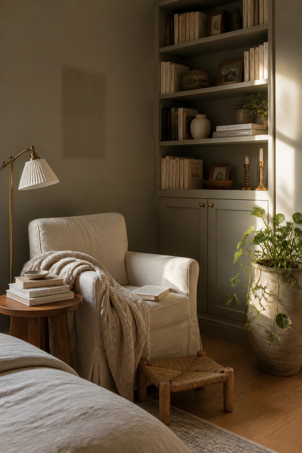A room with soft greige walls and built-in cabinetry.
