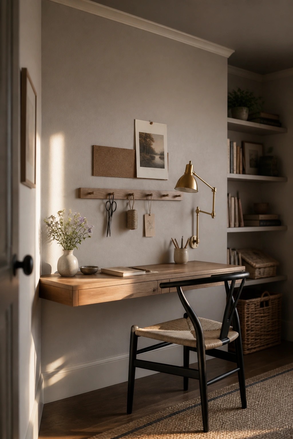 A wooden desk sits against soft greige walls in a home office.