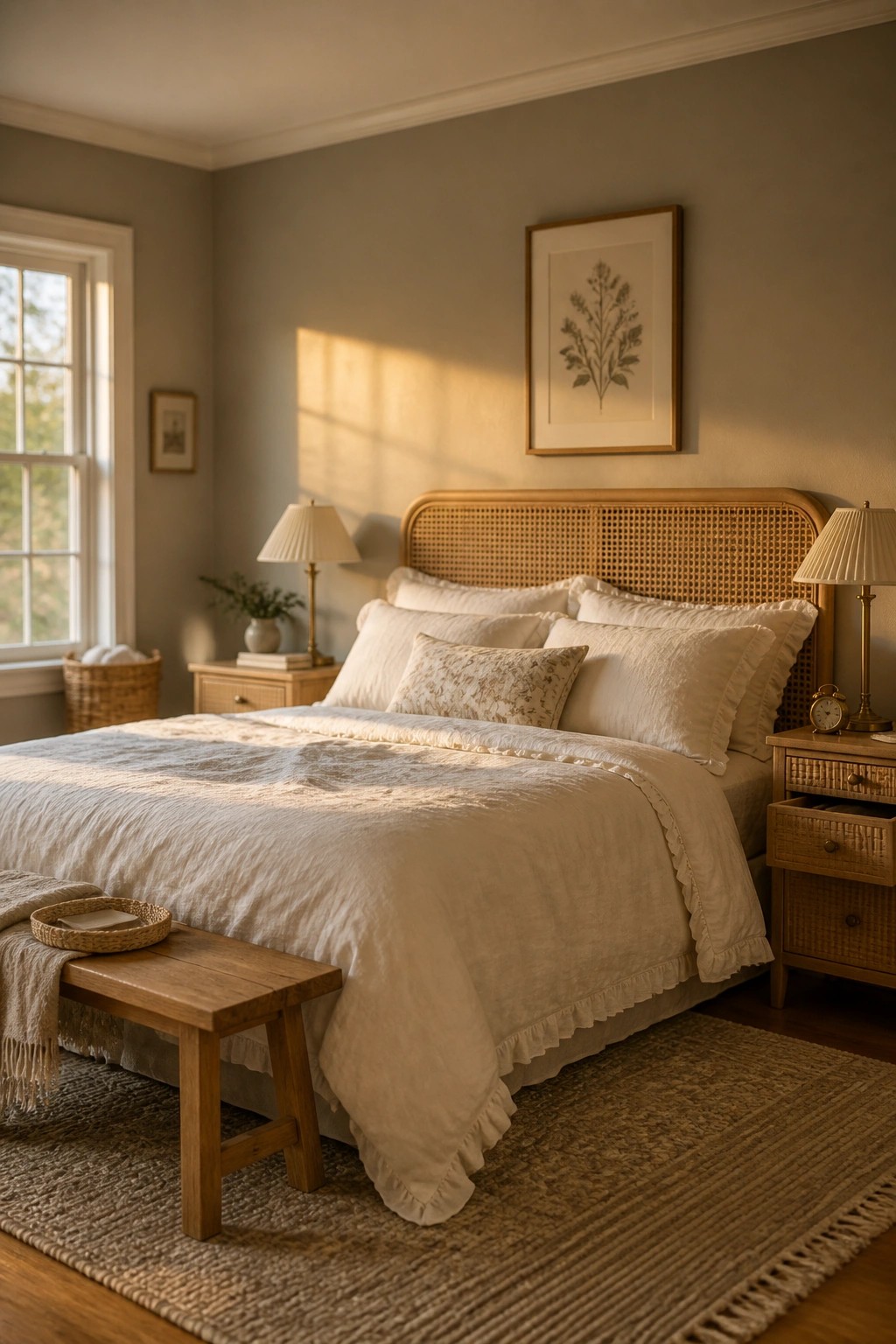 Bedroom walls painted in a soft greige neutral.