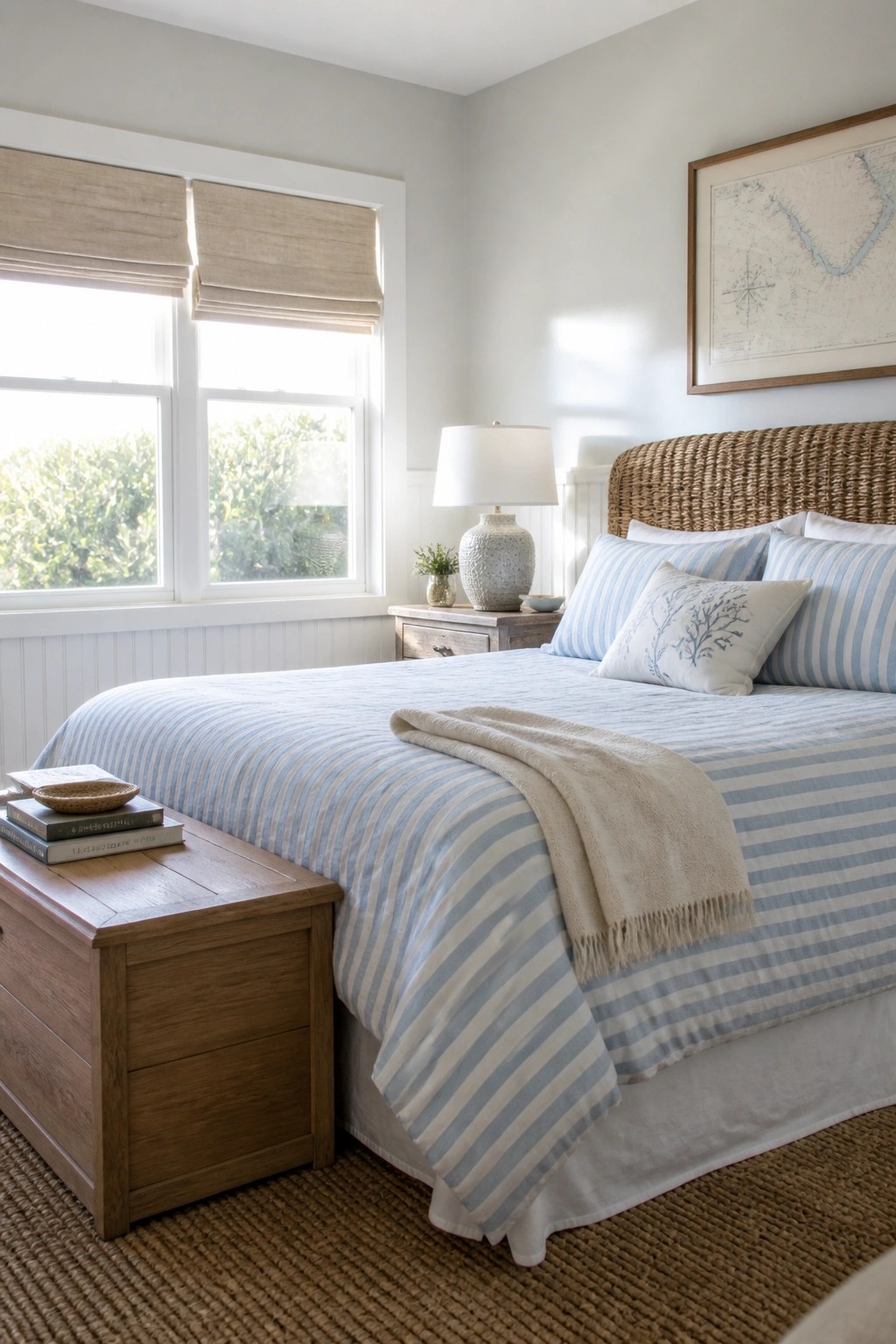 Bedroom with soft light gray walls and a bed with blue striped bedding.