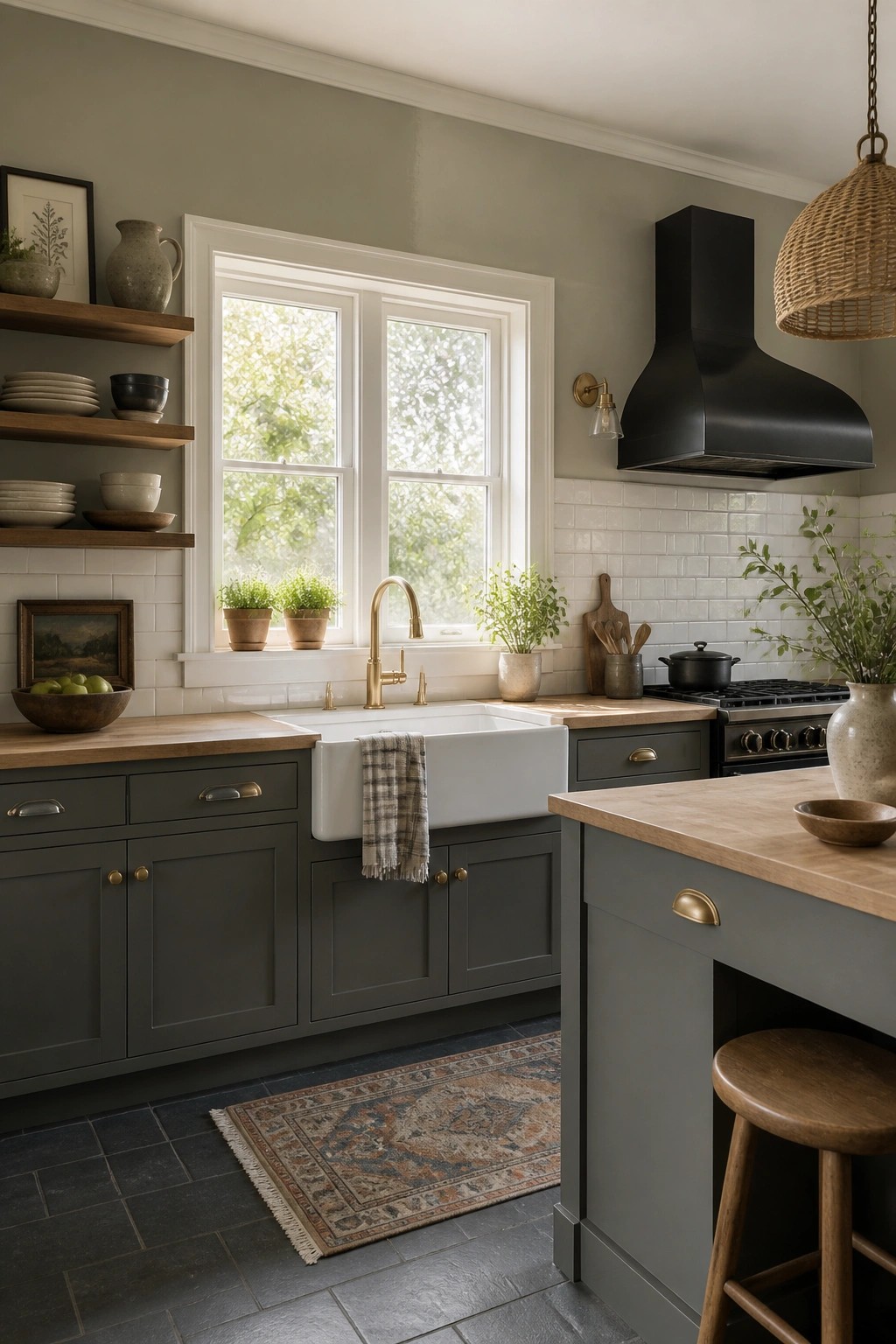 Kitchen walls painted in a soft muted sage green.