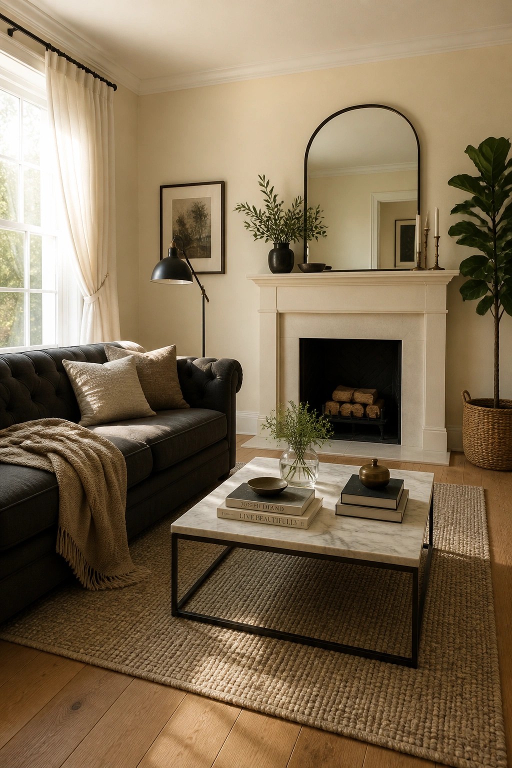 Warm beige walls in a living room with white trim and a marble coffee table.