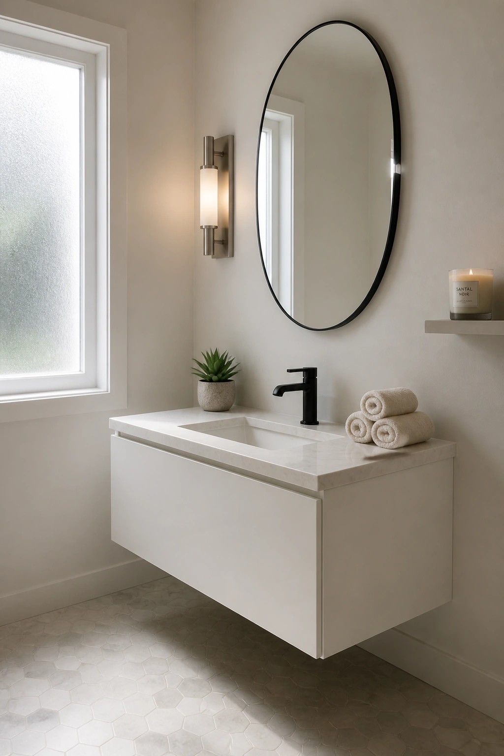 A bathroom with soft warm greige walls and a floating white vanity.