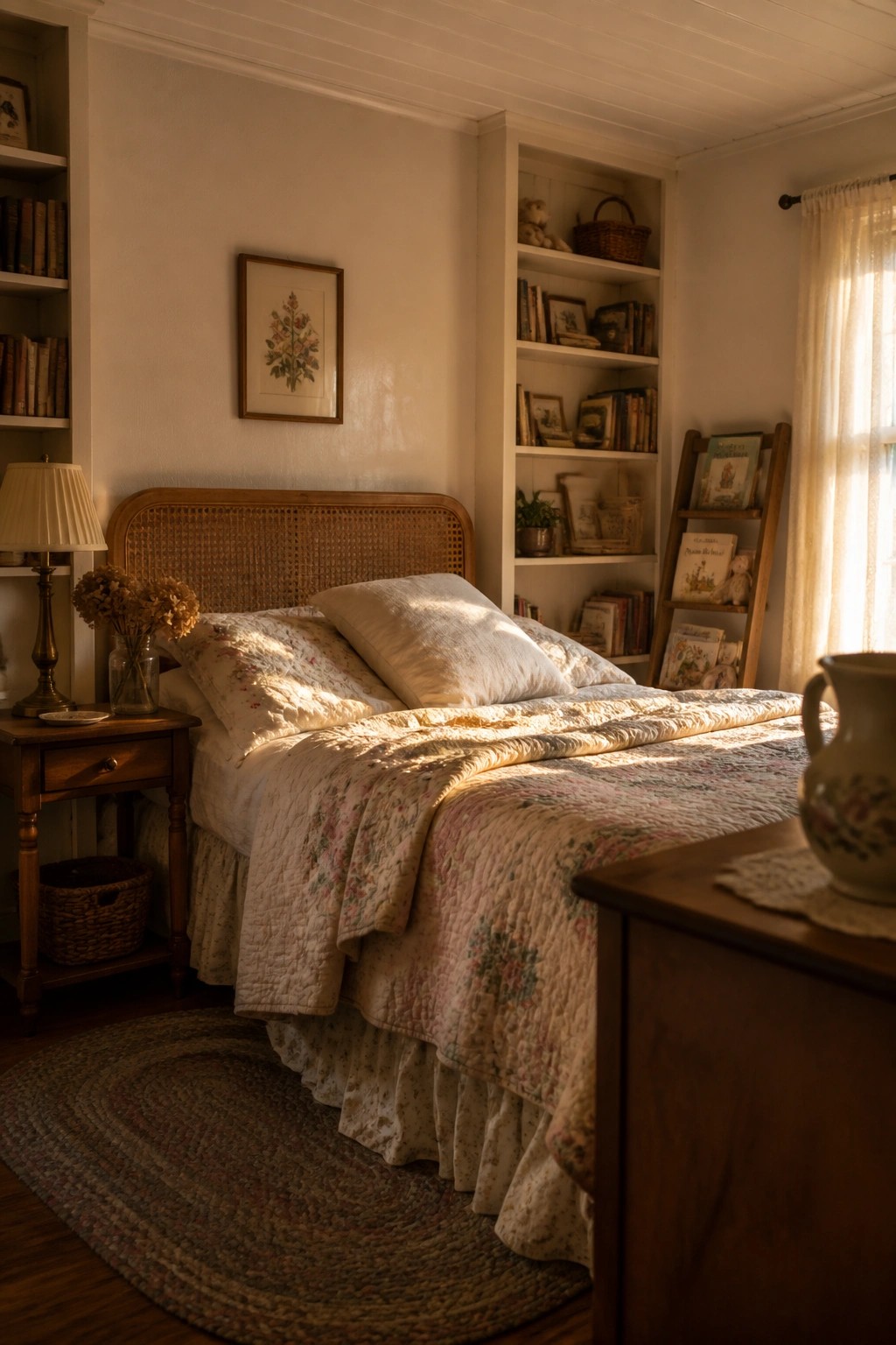 Bedroom walls painted in a warm cream neutral color.