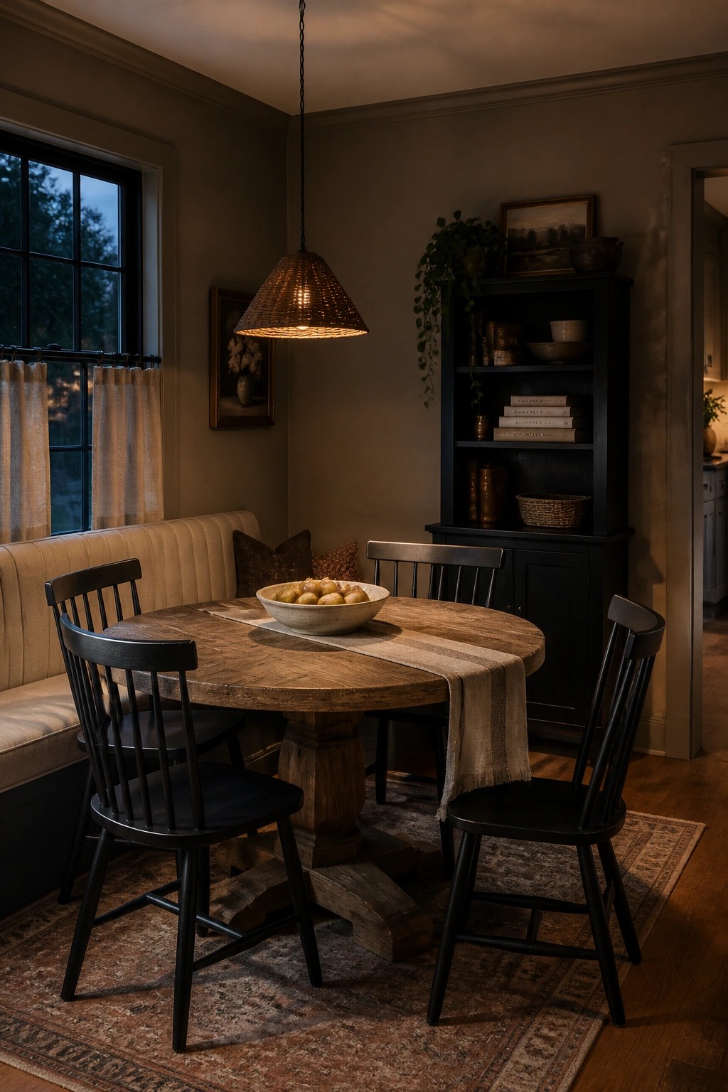 Rustic dining room with round wooden table, black chairs, woven pendant light, and bookshelf.