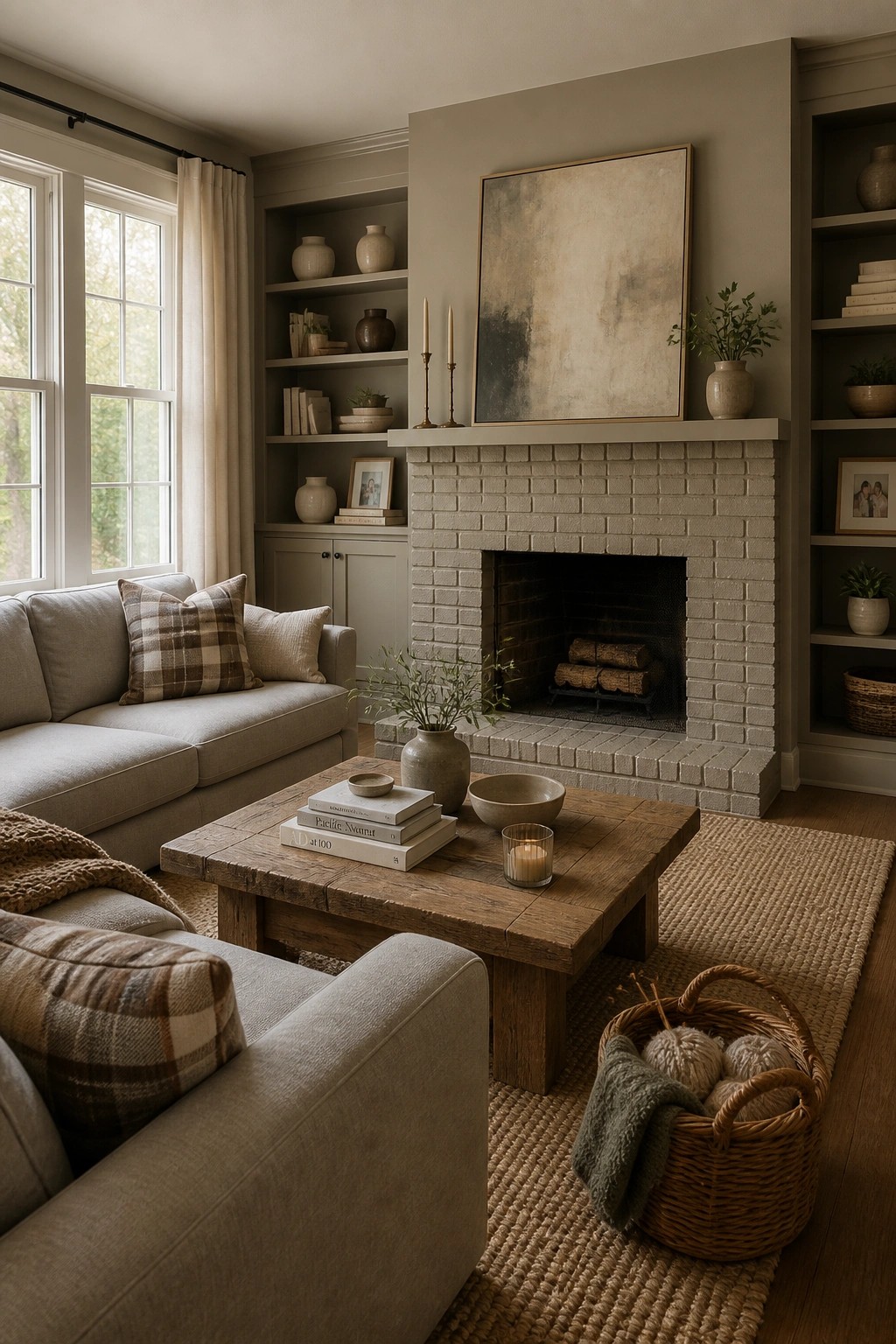 Living room walls painted in a soft warm greige with built-in shelves flanking a brick fireplace.