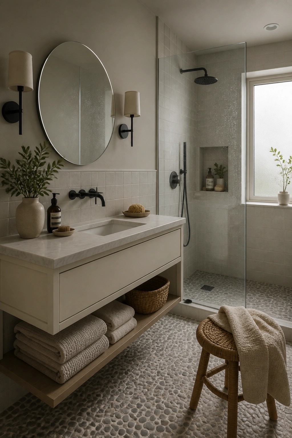 Light greige walls in a bathroom with a floating vanity and pebble tile floor.