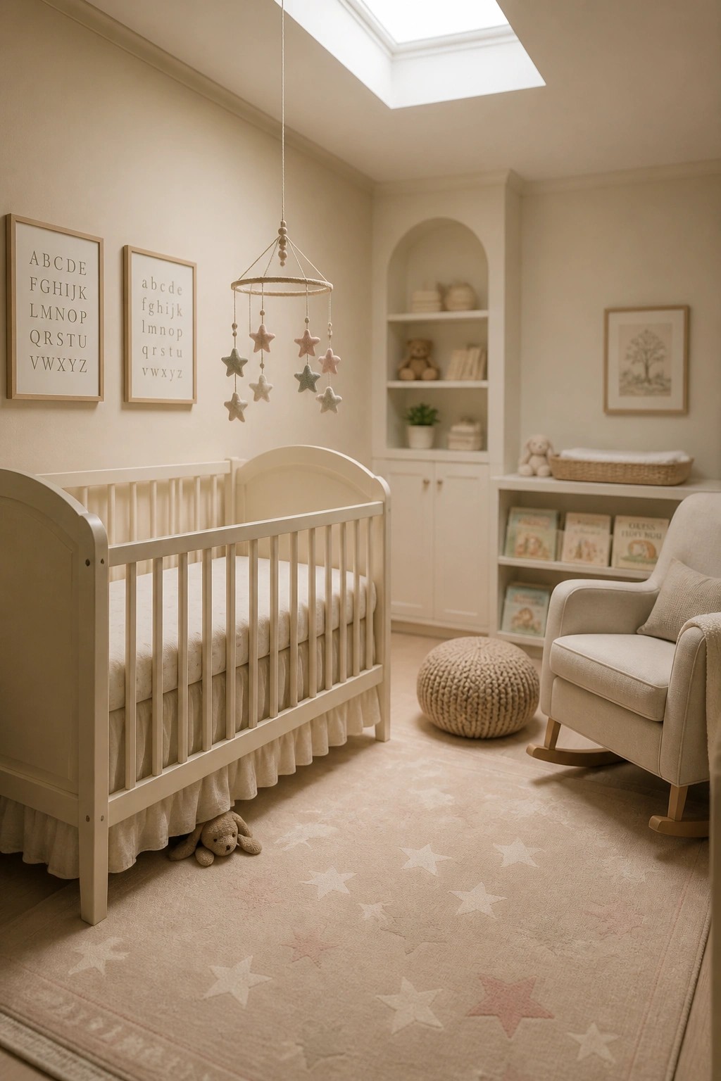 Warm off-white walls in a light nursery with a white crib.