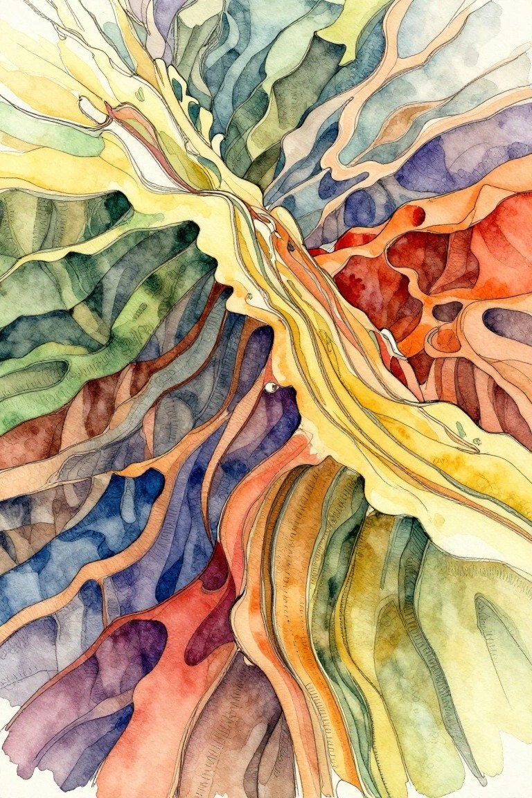 Abstract watercolor of vibrant, flowing tree roots and branches in colorful swirls.