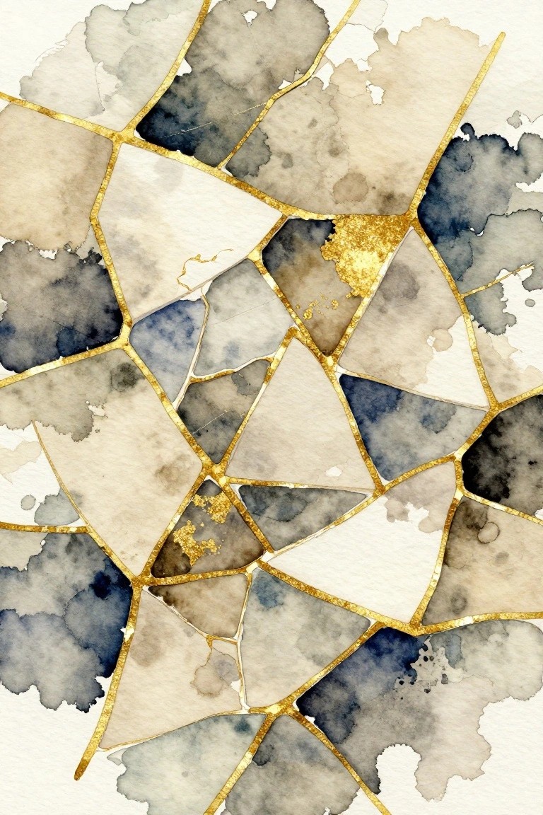 Abstract painting of irregular shapes in beige, gray, and blue watercolor tones divided by gold lines.