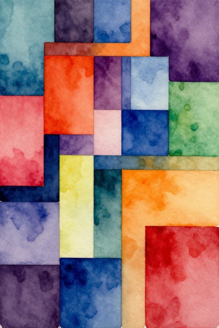 Abstract watercolor painting of colorful overlapping rectangles and squares in vibrant hues