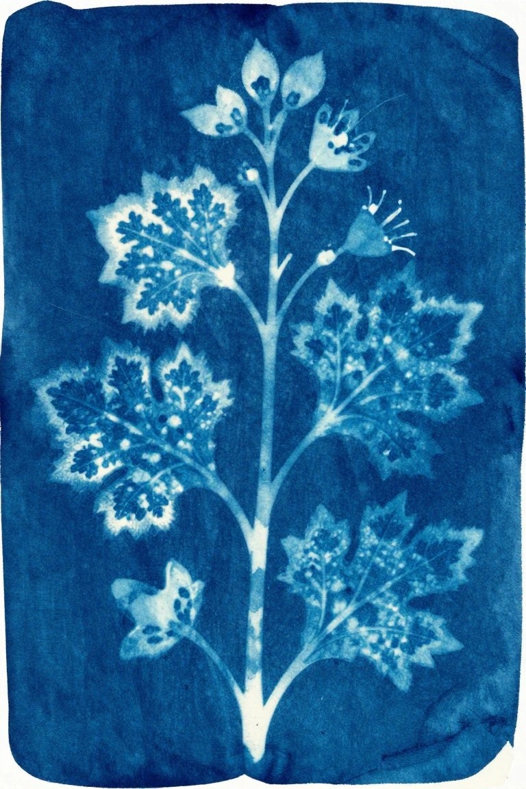 Blue cyanotype of leafy plant with lobed foliage and flowers on dark background