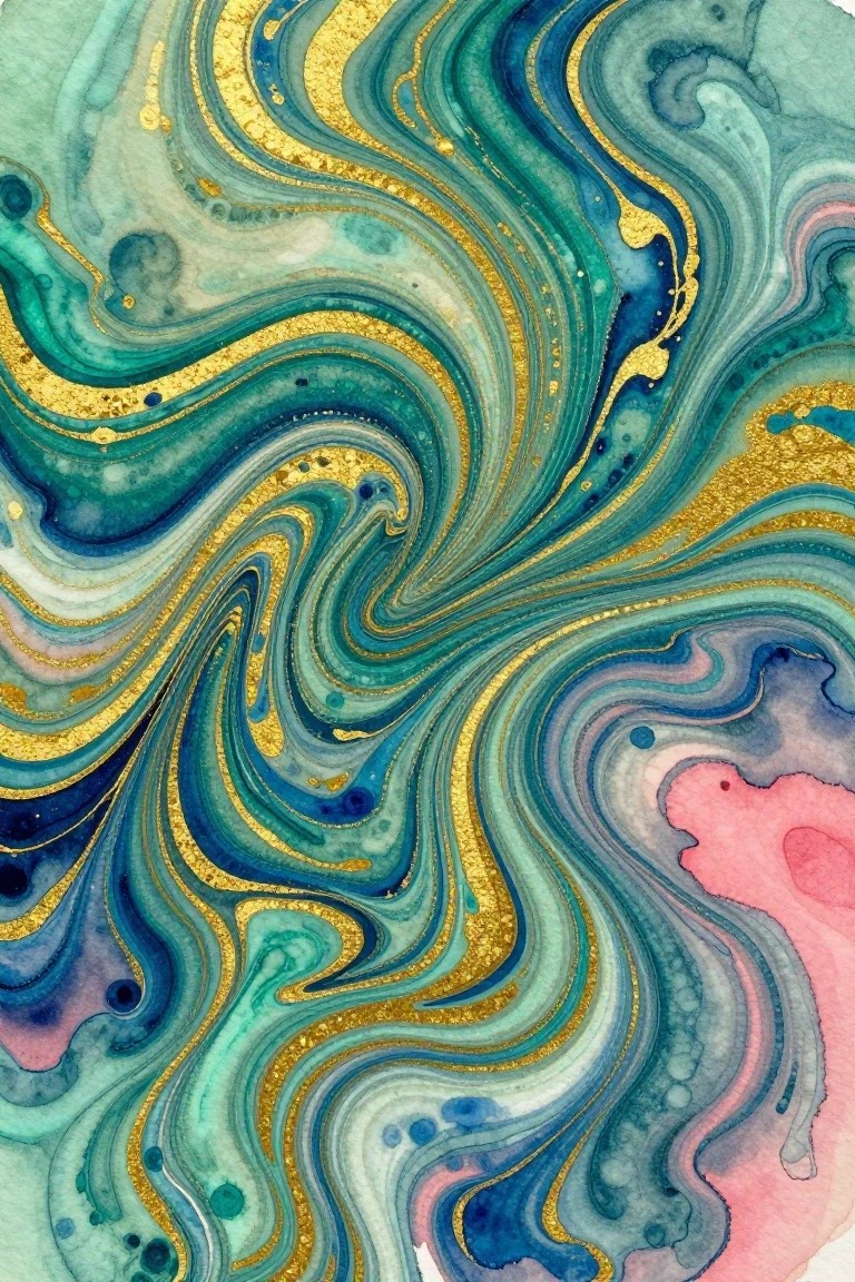 Swirling abstract watercolor in blues, greens, and gold with fluid patterns