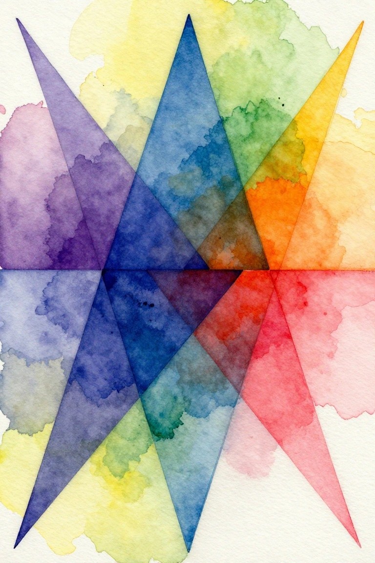 Vibrant watercolor star of overlapping triangles in rainbow spectrum colors