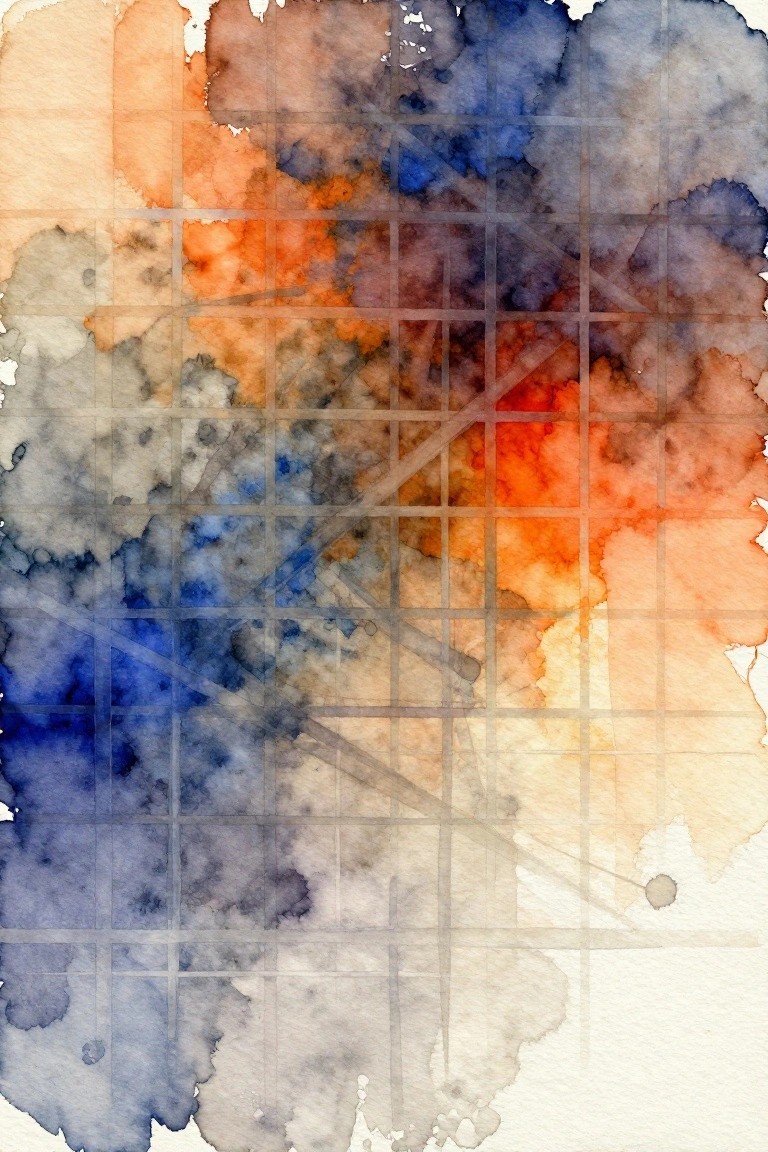 Watercolor abstract with a light grid, overlapping blue orange and red washes, and thin diagonal lines across the surface.