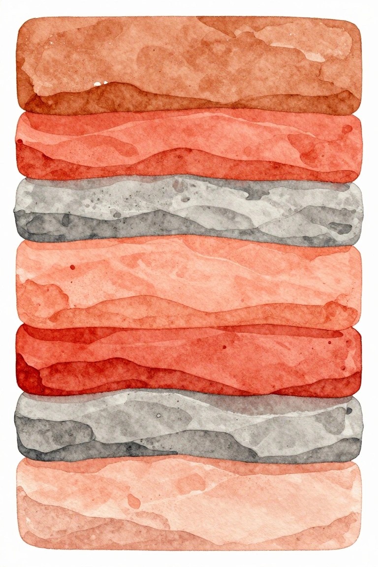 An abstract painting with seven horizontal layers in red, orange, and gray tones featuring wavy edges and soft watercolor texture.