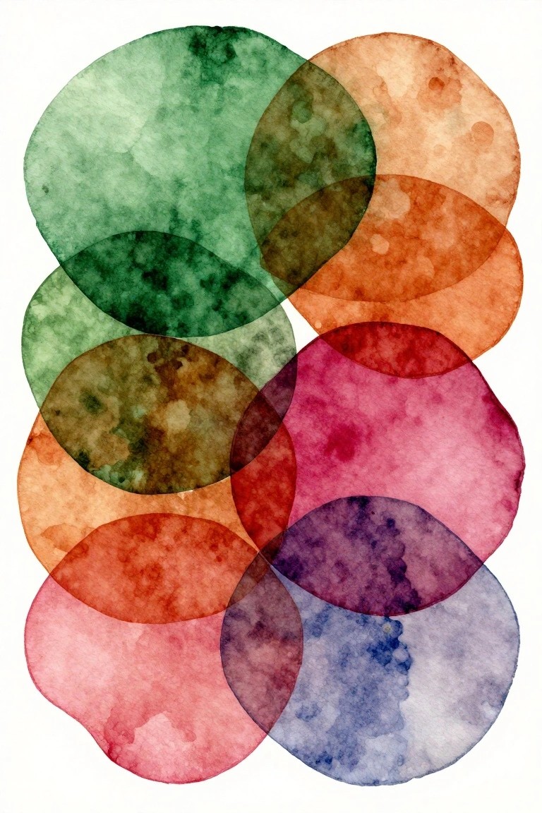 Overlapping translucent watercolor circles in green, orange, red, pink, and blue