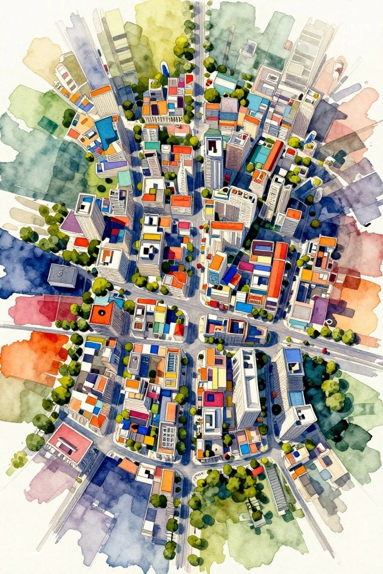 Colorful watercolor aerial view of dense city with vibrant buildings, streets, and trees