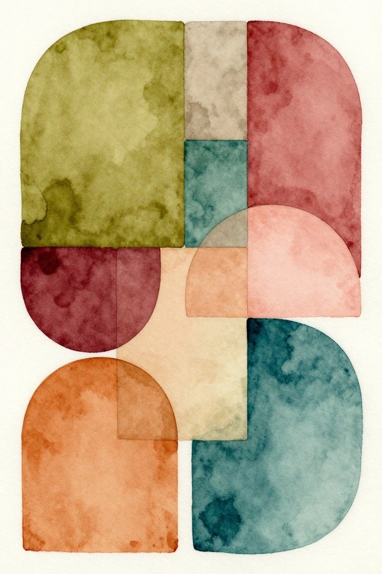An abstract painting made of overlapping arches and rectangles in muted green, red, pink, orange, teal, and beige tones.