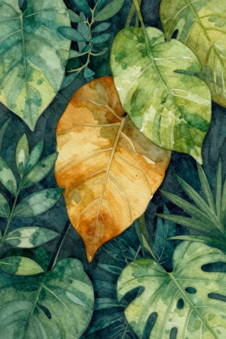 Watercolor tropical leaves in green tones with a central orange-brown leaf