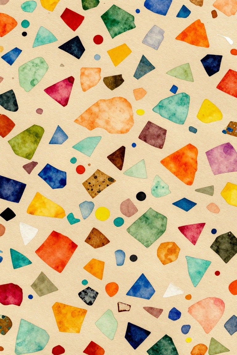 A light beige surface covered with many small, irregular watercolor shapes in red, blue, green, yellow, orange, and other colors scattered without a pattern.