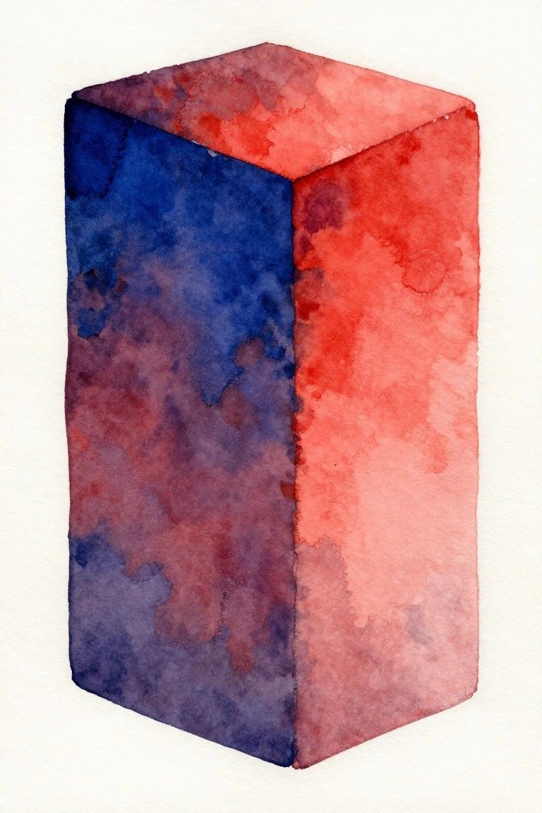 A watercolor painting of a rectangular prism with the left face in blue and purple washes and the right face in red and pink washes against a white background.